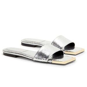 Good American Standout Silver Metallic Leather Reptile Pattern Slide Sandal